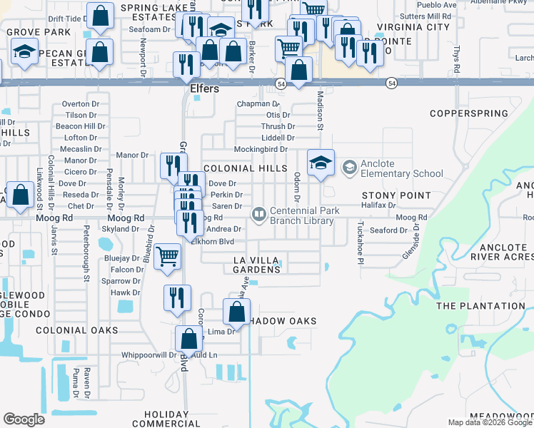 map of restaurants, bars, coffee shops, grocery stores, and more near 3525 Blackhawk Drive in New Port Richey