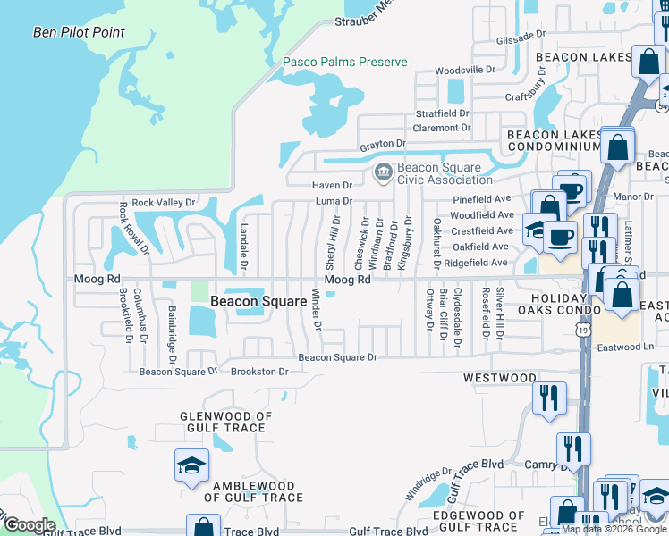 map of restaurants, bars, coffee shops, grocery stores, and more near 3535 Sheryl Hill Drive in Holiday