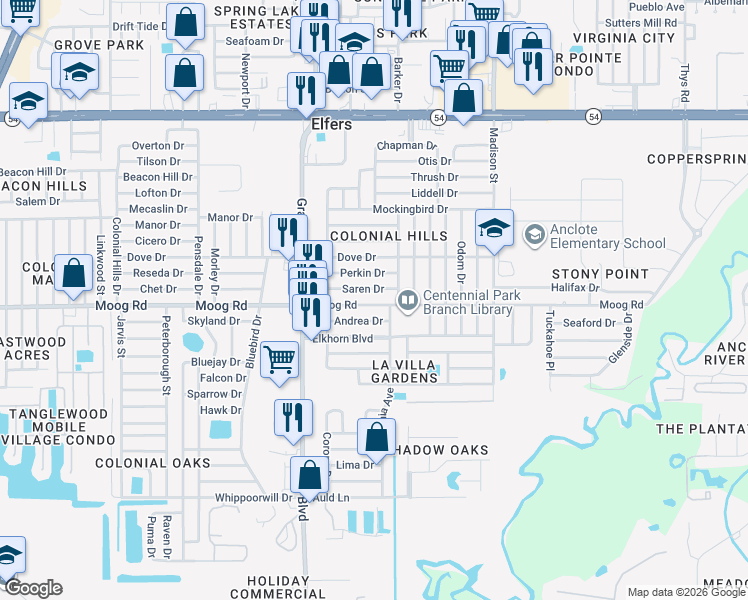 map of restaurants, bars, coffee shops, grocery stores, and more near 5649 Moog Road in New Port Richey