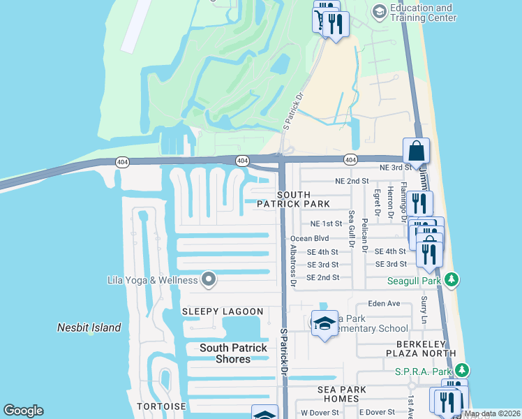 map of restaurants, bars, coffee shops, grocery stores, and more near 438 Dove Lane in Satellite Beach