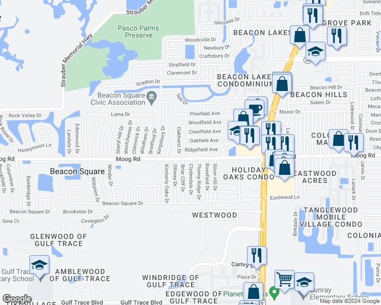 map of restaurants, bars, coffee shops, grocery stores, and more near 4124 Ridgefield Avenue in Holiday