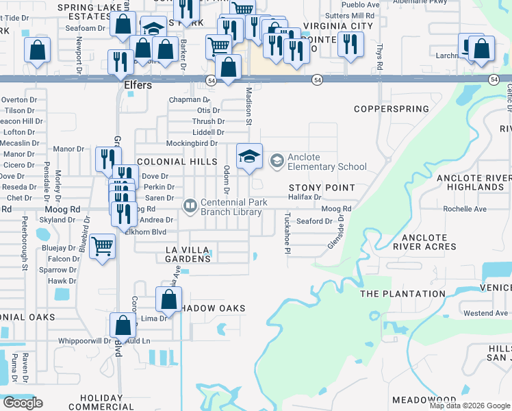 map of restaurants, bars, coffee shops, grocery stores, and more near 6029 Halifax Drive in New Port Richey