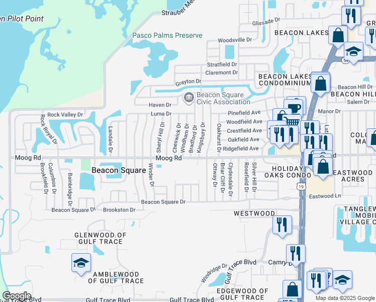 map of restaurants, bars, coffee shops, grocery stores, and more near 3517 Bradford Drive in Holiday