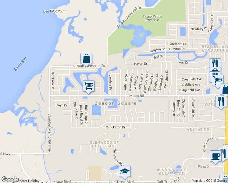 map of restaurants, bars, coffee shops, grocery stores, and more near 3519 Edenwood Drive in Holiday