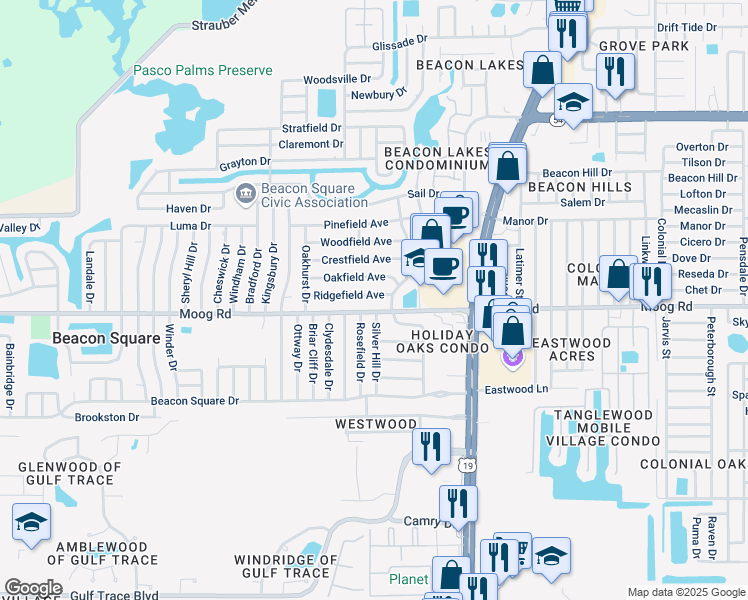 map of restaurants, bars, coffee shops, grocery stores, and more near 4215 Ridgefield Avenue in Holiday