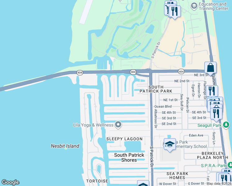 map of restaurants, bars, coffee shops, grocery stores, and more near 421 Sparrow Drive in Satellite Beach