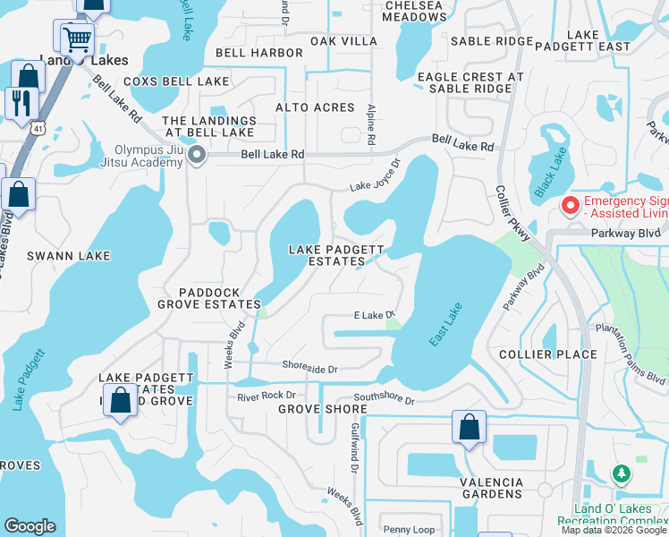 map of restaurants, bars, coffee shops, grocery stores, and more near 3643 Greatwood Court in Land O' Lakes