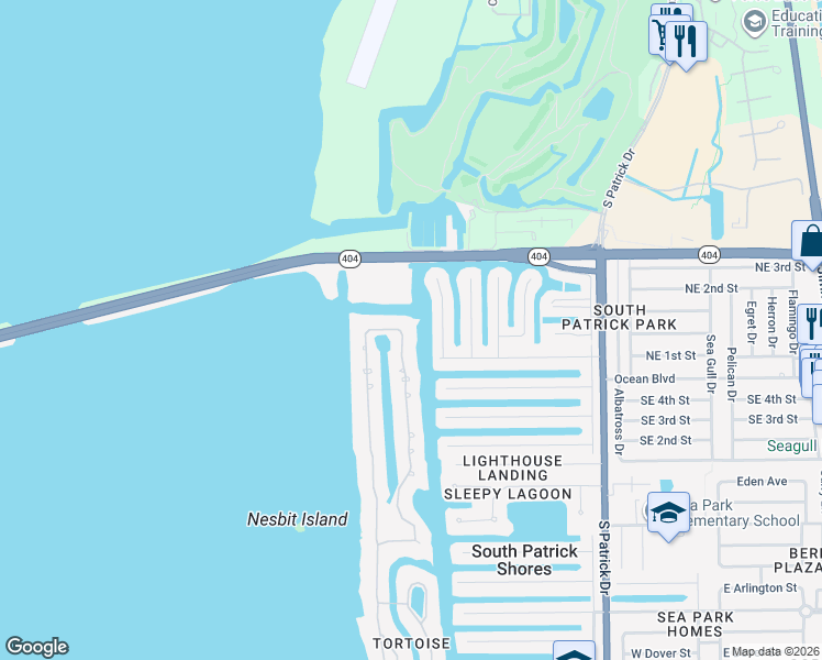 map of restaurants, bars, coffee shops, grocery stores, and more near 262 Lanternback Island Drive in Satellite Beach
