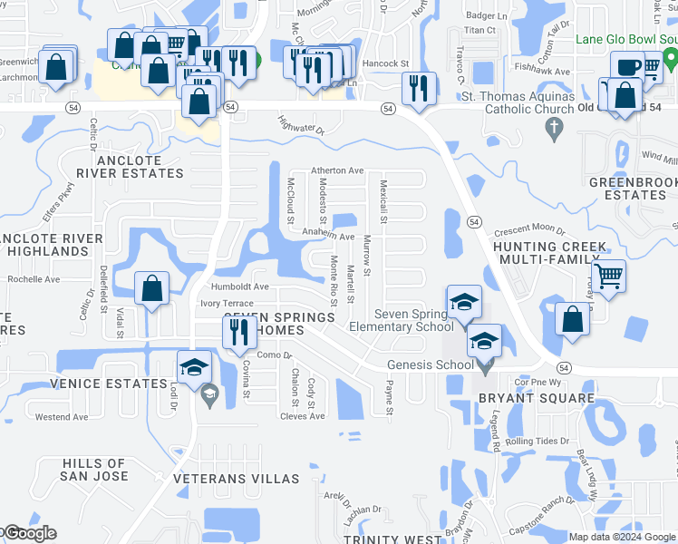 map of restaurants, bars, coffee shops, grocery stores, and more near 3512 Monte Rio Street in New Port Richey