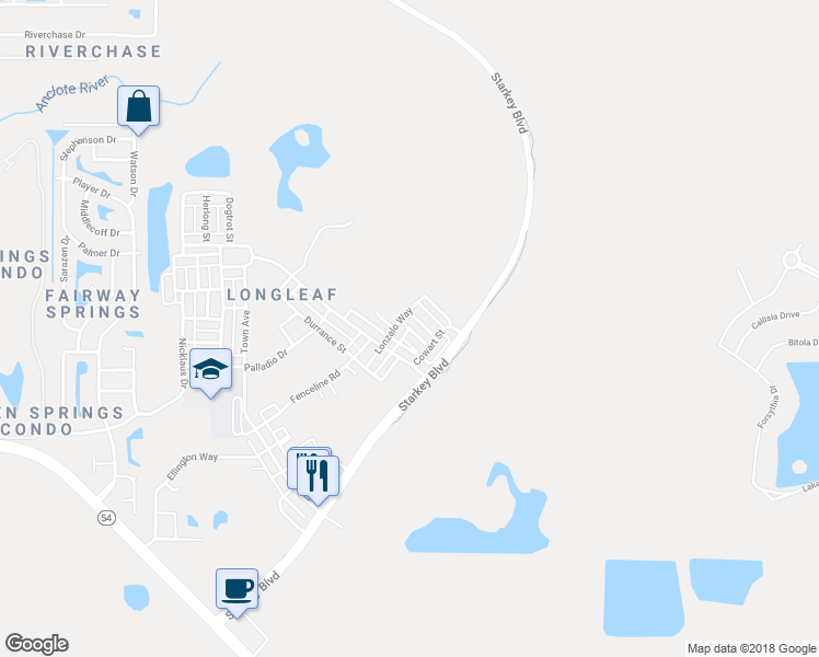 map of restaurants, bars, coffee shops, grocery stores, and more near Albritton Street in New Port Richey