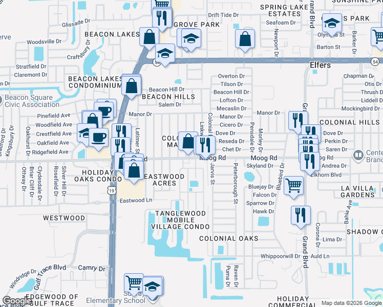 map of restaurants, bars, coffee shops, grocery stores, and more near 3523 Linkwood Street in Port Richey