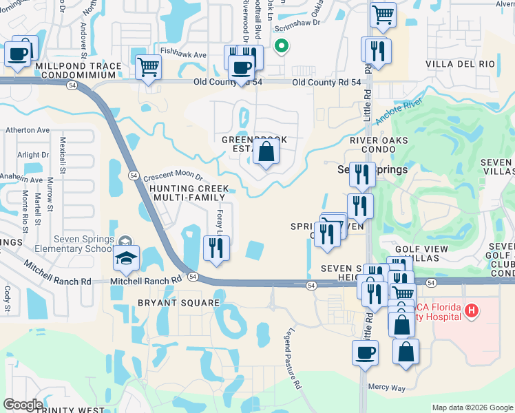 map of restaurants, bars, coffee shops, grocery stores, and more near 3609 Montclair Drive in New Port Richey