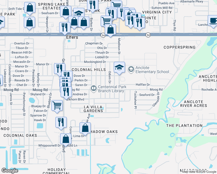 map of restaurants, bars, coffee shops, grocery stores, and more near 3511 Odom Drive in New Port Richey