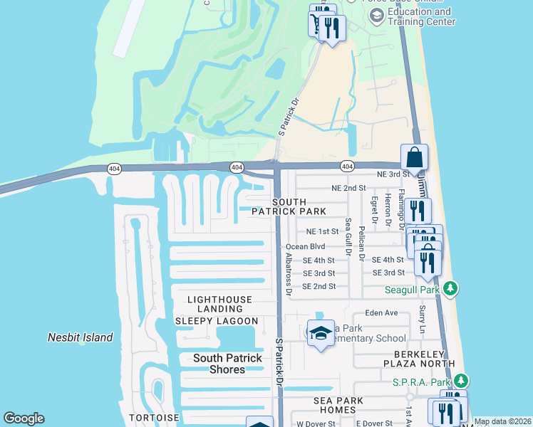 map of restaurants, bars, coffee shops, grocery stores, and more near 409 Ibis Lane in Satellite Beach