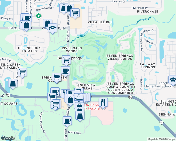 map of restaurants, bars, coffee shops, grocery stores, and more near 9223 Golf View Drive in New Port Richey