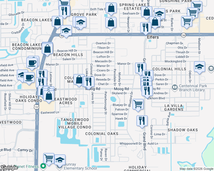 map of restaurants, bars, coffee shops, grocery stores, and more near 5115 Chet Drive in New Port Richey