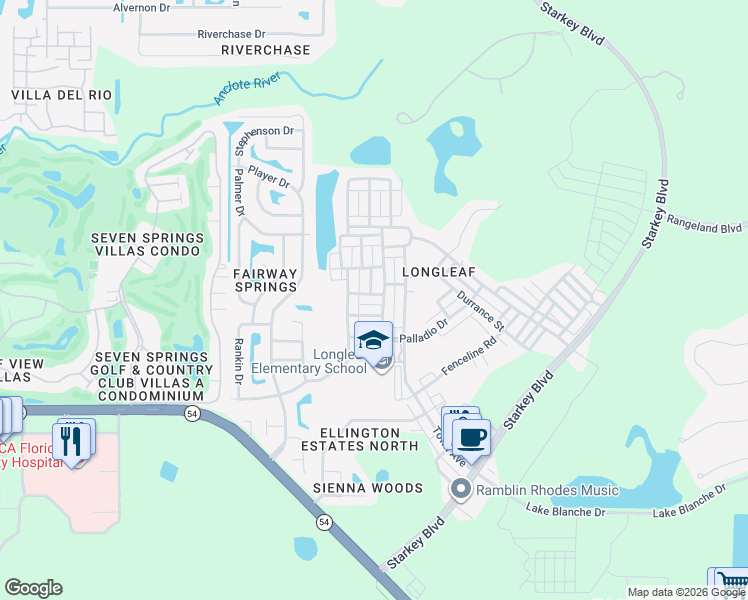 map of restaurants, bars, coffee shops, grocery stores, and more near 10134 Hemingway Street in New Port Richey