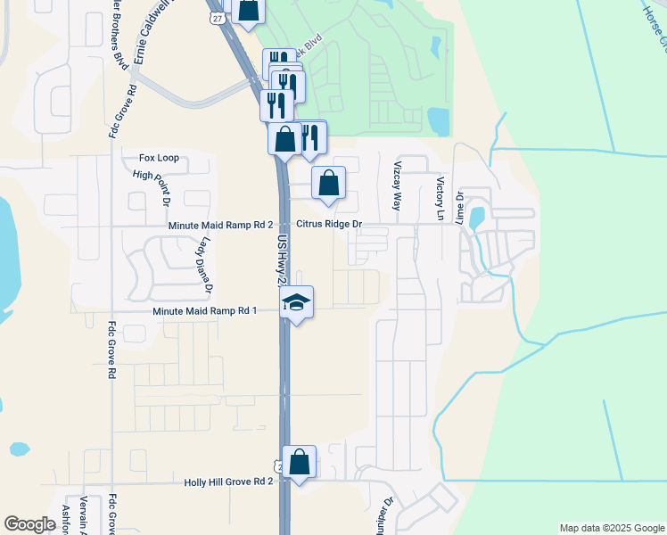 map of restaurants, bars, coffee shops, grocery stores, and more near Citrus Ridge Dr in Davenport