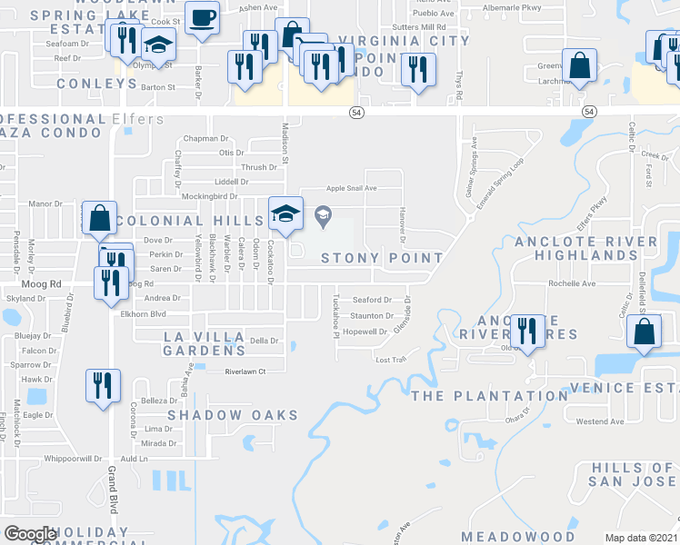 map of restaurants, bars, coffee shops, grocery stores, and more near 6128 Halifax Drive in New Port Richey