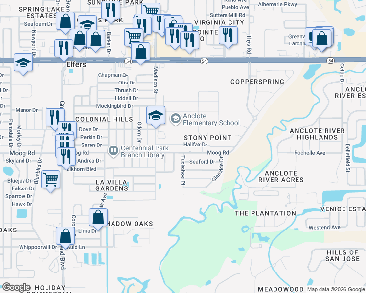 map of restaurants, bars, coffee shops, grocery stores, and more near 6122 Halifax Drive in New Port Richey