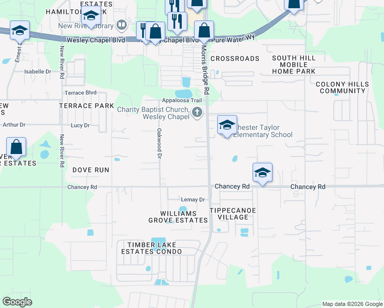 map of restaurants, bars, coffee shops, grocery stores, and more near 3645 Morris Bridge Road in Zephyrhills