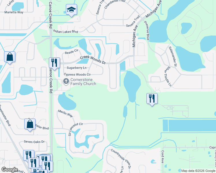 map of restaurants, bars, coffee shops, grocery stores, and more near 1191 Creek Woods Circle in St. Cloud