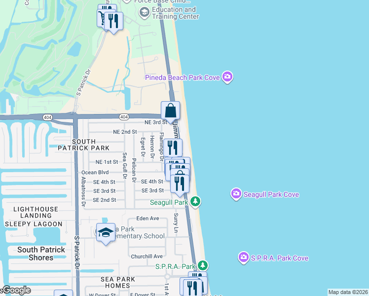 map of restaurants, bars, coffee shops, grocery stores, and more near 175 Florida A1A in Satellite Beach