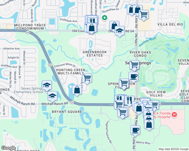 map of restaurants, bars, coffee shops, grocery stores, and more near 8271 Corner Pine Way in New Port Richey