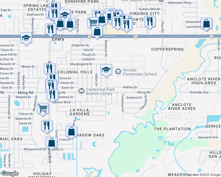 map of restaurants, bars, coffee shops, grocery stores, and more near 6029 Halifax Drive in New Port Richey