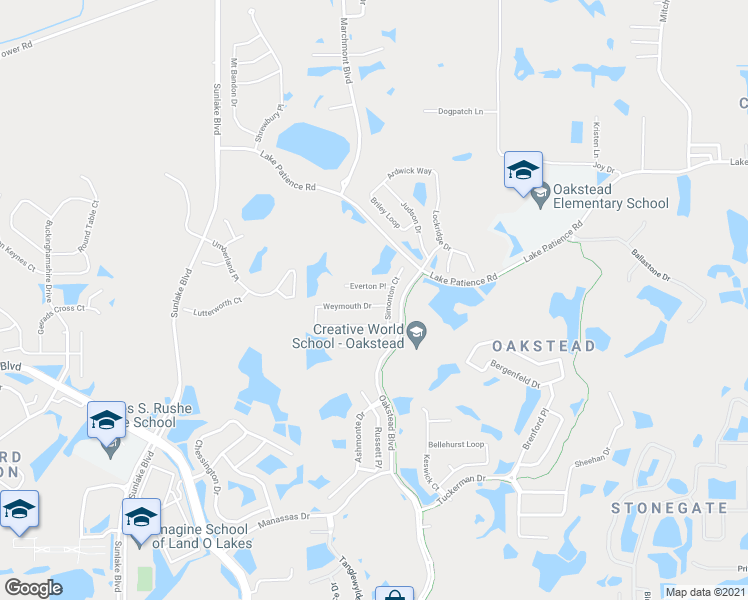 map of restaurants, bars, coffee shops, grocery stores, and more near 19112 Weymouth Drive in Land O' Lakes