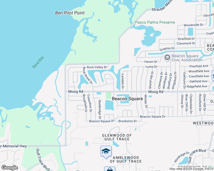 map of restaurants, bars, coffee shops, grocery stores, and more near 3340 Honeymoon Lane in Holiday