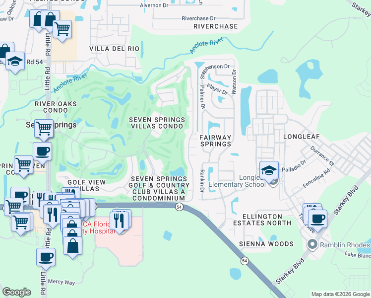 map of restaurants, bars, coffee shops, grocery stores, and more near 3523 Teeside Drive in New Port Richey