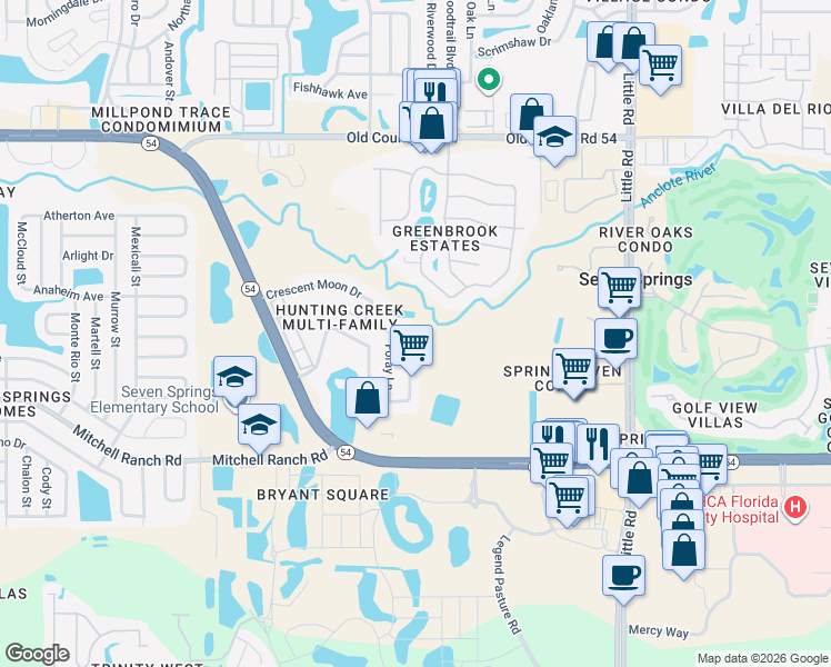 map of restaurants, bars, coffee shops, grocery stores, and more near 3618 Hunting Creek Loop in New Port Richey