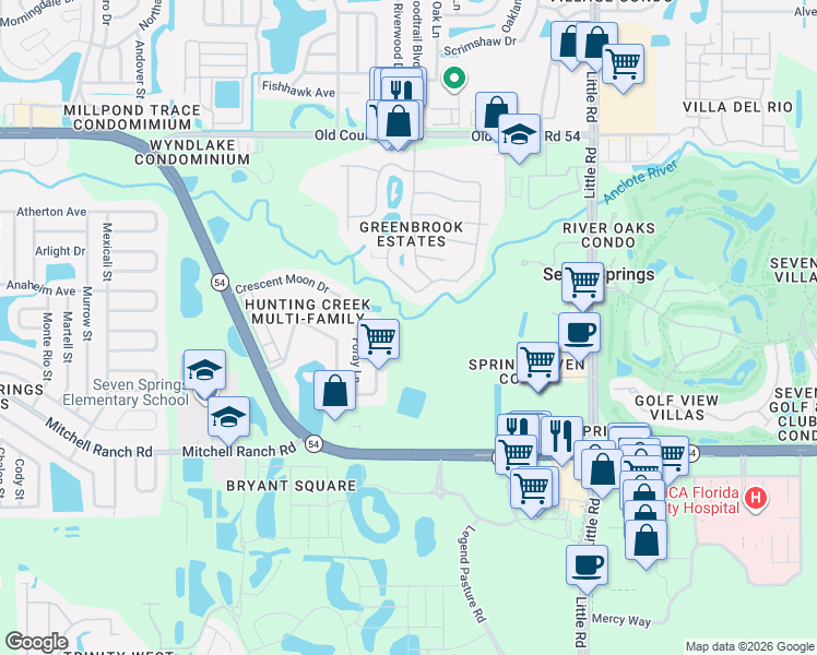 map of restaurants, bars, coffee shops, grocery stores, and more near 3618 Hunting Creek Loop in New Port Richey