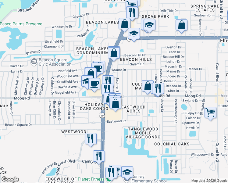 map of restaurants, bars, coffee shops, grocery stores, and more near 3522 Connon Drive in New Port Richey