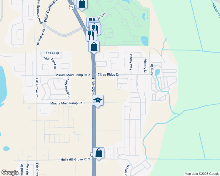 map of restaurants, bars, coffee shops, grocery stores, and more near Citrus Ridge Dr in Davenport