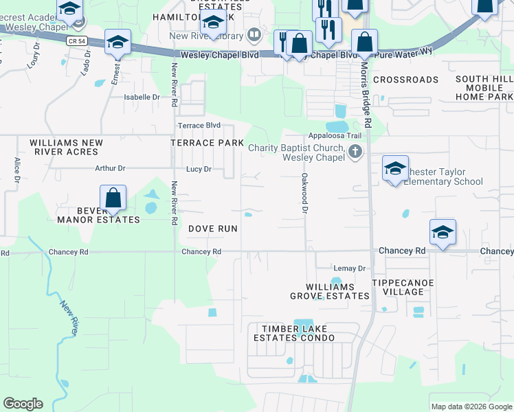 map of restaurants, bars, coffee shops, grocery stores, and more near 3634 Apfel Road in Wesley Chapel