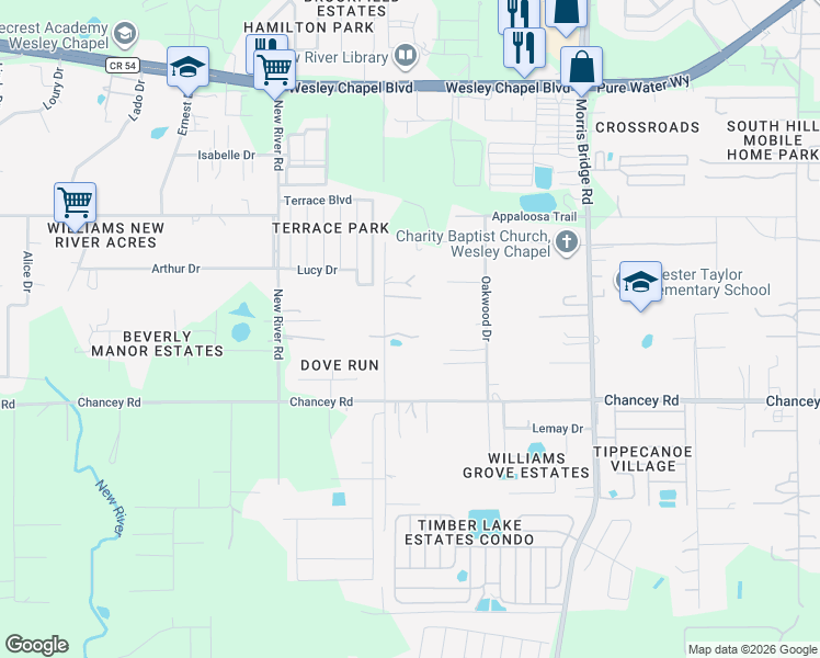 map of restaurants, bars, coffee shops, grocery stores, and more near 3641 Oakwood Drive in Zephyrhills