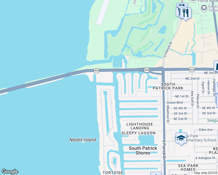 map of restaurants, bars, coffee shops, grocery stores, and more near 262 Lanternback Island Drive in Satellite Beach