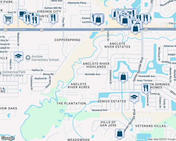 map of restaurants, bars, coffee shops, grocery stores, and more near 3525 Nora Lane in New Port Richey