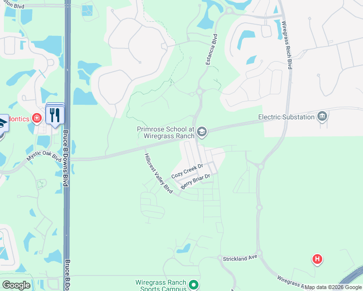 map of restaurants, bars, coffee shops, grocery stores, and more near 3699 Front Park Drive in Wesley Chapel