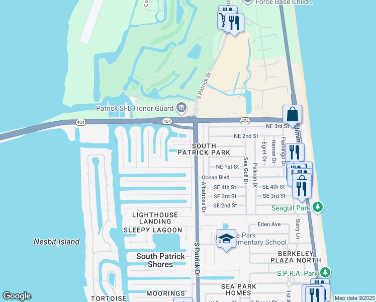 map of restaurants, bars, coffee shops, grocery stores, and more near 422 Ibis Lane in Satellite Beach