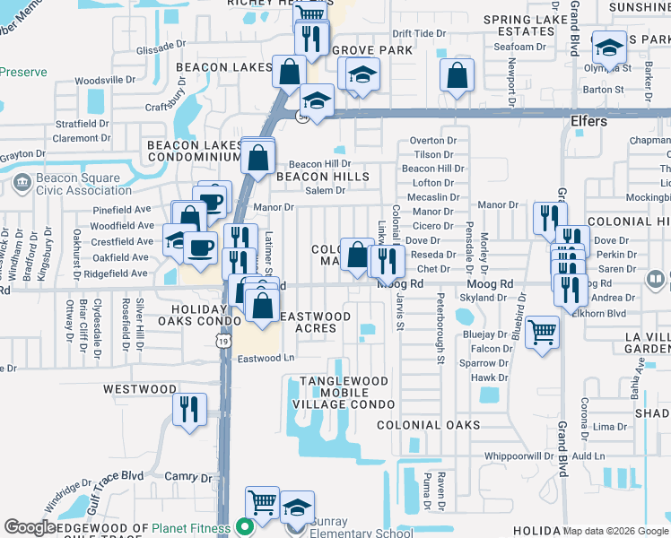 map of restaurants, bars, coffee shops, grocery stores, and more near 3522 Berkshire Street in New Port Richey