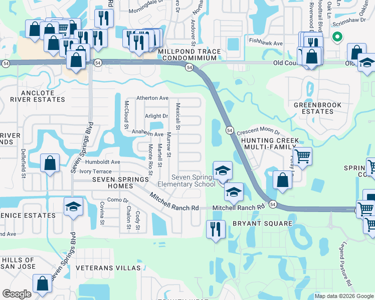 map of restaurants, bars, coffee shops, grocery stores, and more near 7974 Knox Loop in New Port Richey
