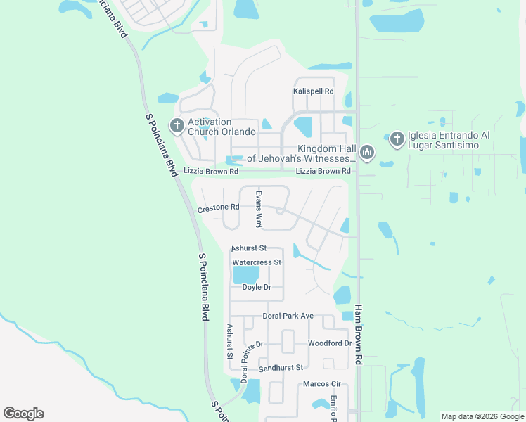 map of restaurants, bars, coffee shops, grocery stores, and more near 2909 Evans Way in Kissimmee