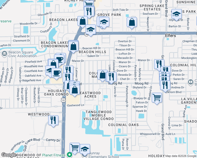 map of restaurants, bars, coffee shops, grocery stores, and more near 3522 Berkshire St in New Port Richey