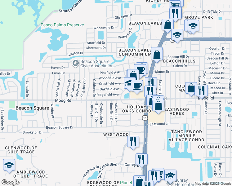 map of restaurants, bars, coffee shops, grocery stores, and more near 4239 Ridgefield Avenue in Holiday