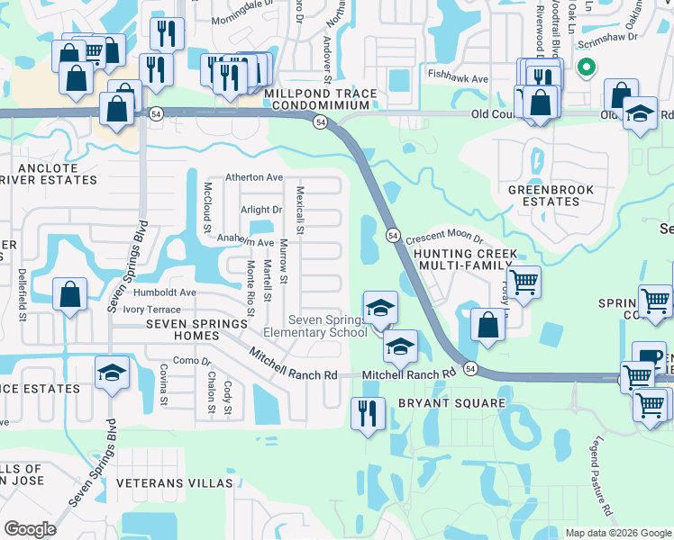 map of restaurants, bars, coffee shops, grocery stores, and more near 7946 Knox Loop in New Port Richey