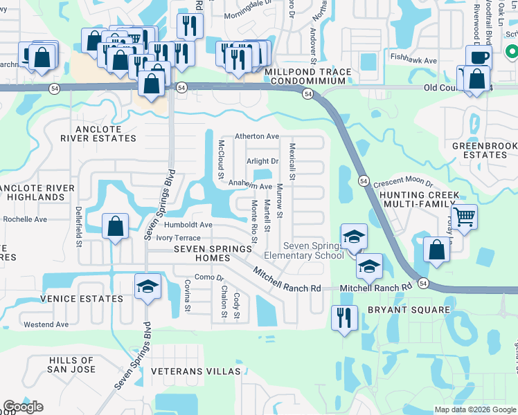 map of restaurants, bars, coffee shops, grocery stores, and more near 3526 Monte Rio St in New Port Richey