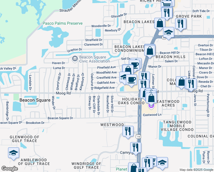 map of restaurants, bars, coffee shops, grocery stores, and more near 4215 Ridgefield Avenue in Holiday